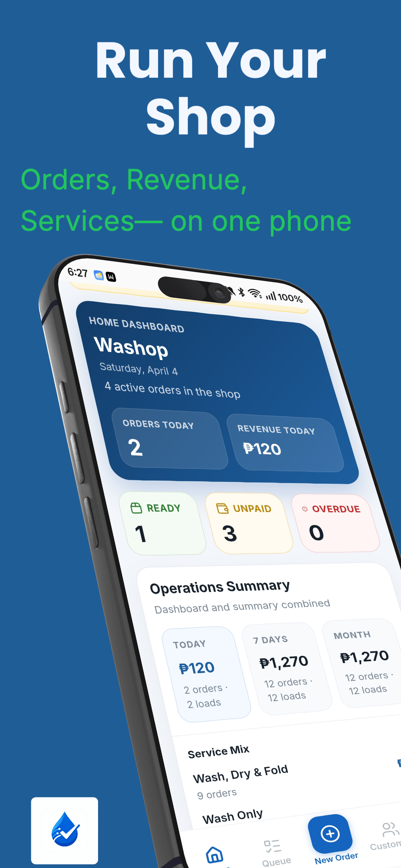 LabaTrack dashboard showing active orders, revenue, and operations summary